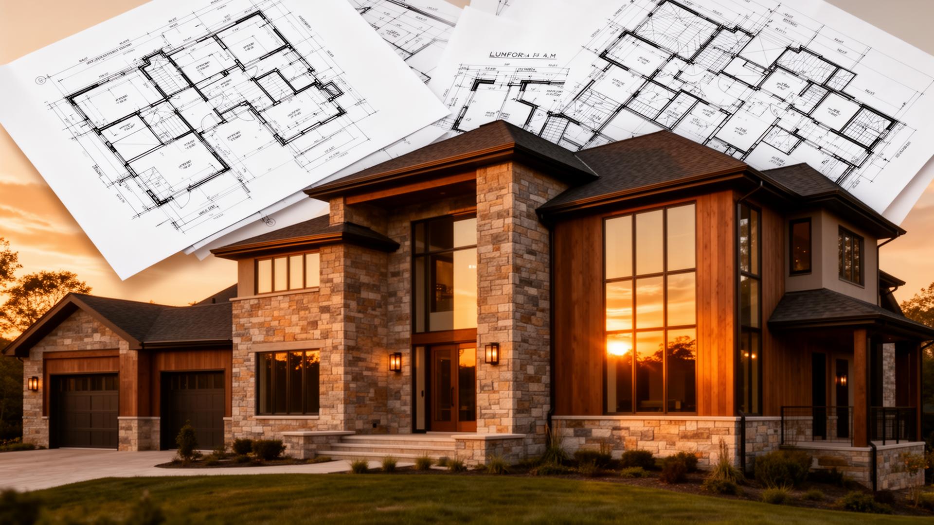 Architectural blueprints over a luxury custom home at sunset
