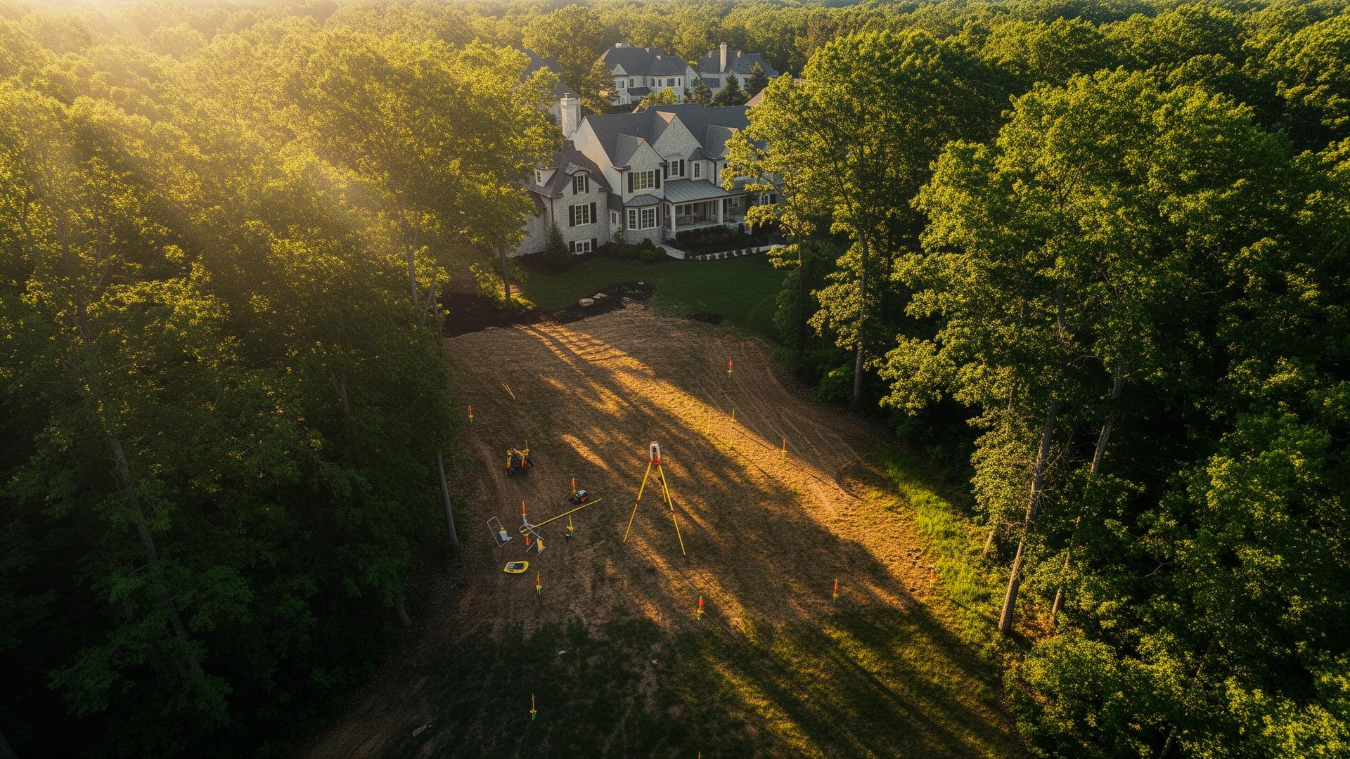 Aerial view of a wooded residential lot being evaluated